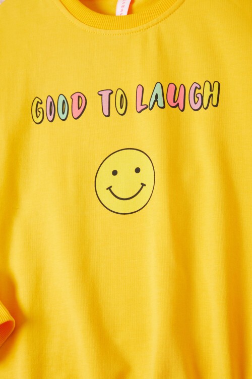 Sarı Gülen Yüz Sırtı Baskılı Kız Çocuk Sweatshirt 16704