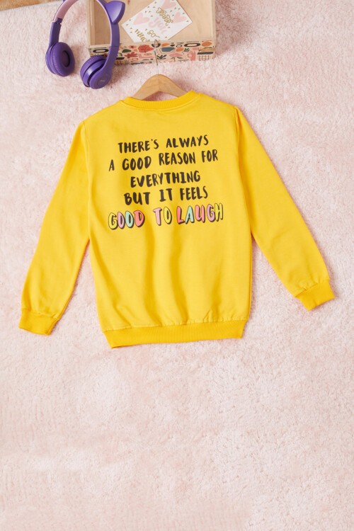 Sarı Gülen Yüz Sırtı Baskılı Kız Çocuk Sweatshirt 16704