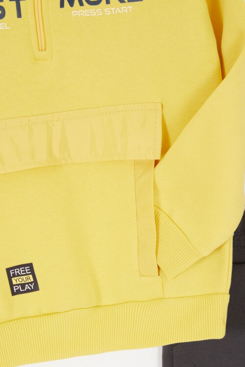 Sarı Just Baskılı Fermuarlı Yaka Erkek Çocuk Şardonlu Eşofman Takımı 16962