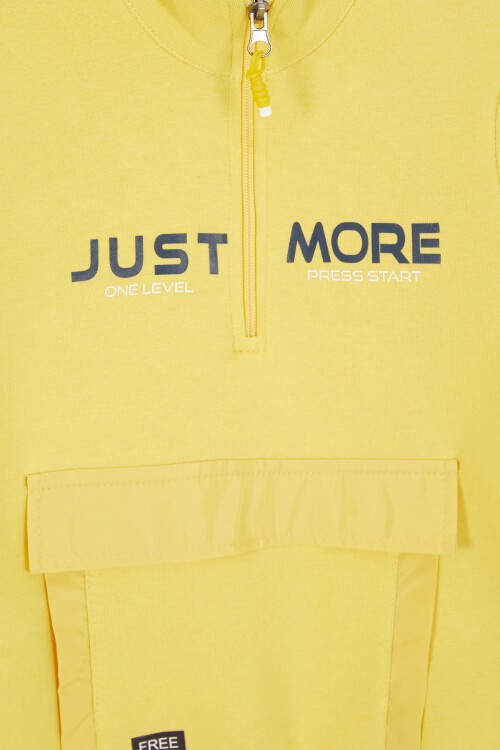 Sarı Just Baskılı Fermuarlı Yaka Erkek Çocuk Şardonlu Eşofman Takımı 16962