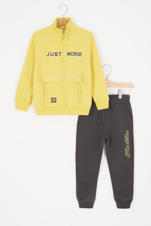 Sarı Just Baskılı Fermuarlı Yaka Erkek Çocuk Şardonlu Eşofman Takımı 16962
