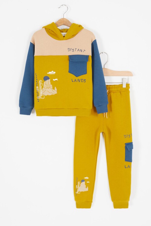 Sarı Kaktüs Baskılı Üç İp Şardonlu Erkek Çocuk Eşofman Takım 17113