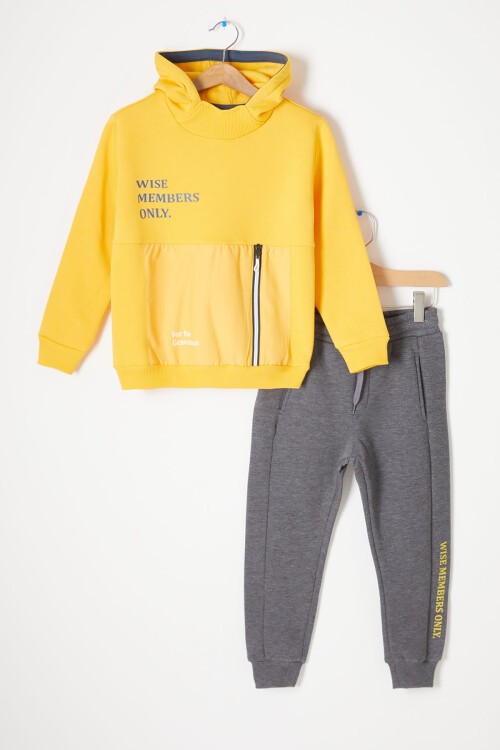 Sarı Kanguru Cepli Polarlı Erkek Çocuk Kapşonlu Eşofman Takımı 16730
