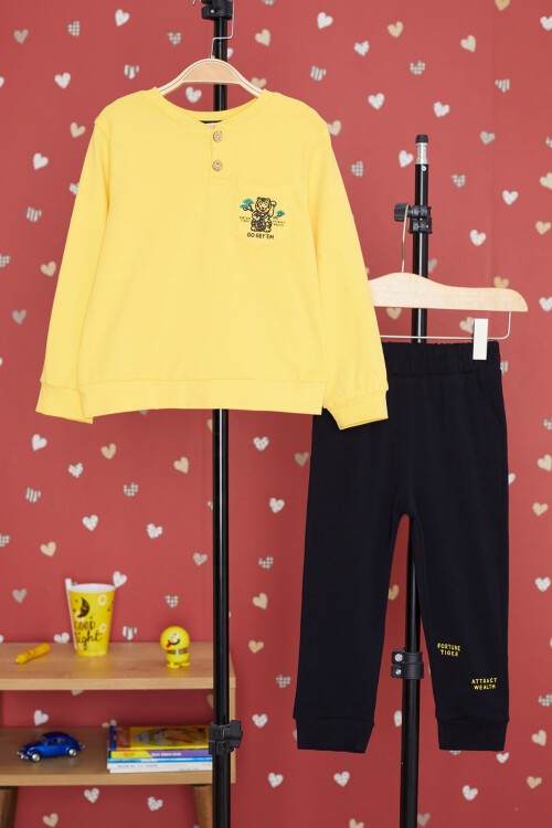 Sarı Kaplan Baskılı Cepli Erkek Bebek Eşofman Takımı 17319