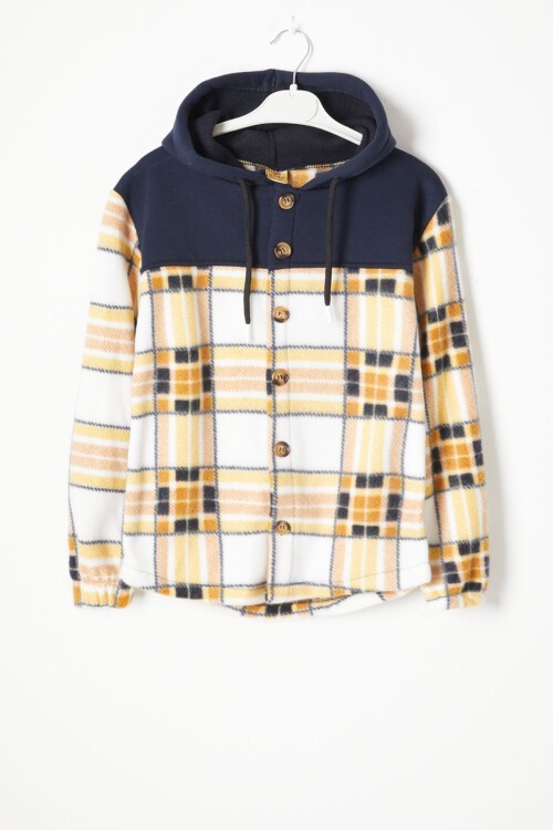 Sarı Kare Desenli Kapüşonlu Çocuk Polar Hırka 16759