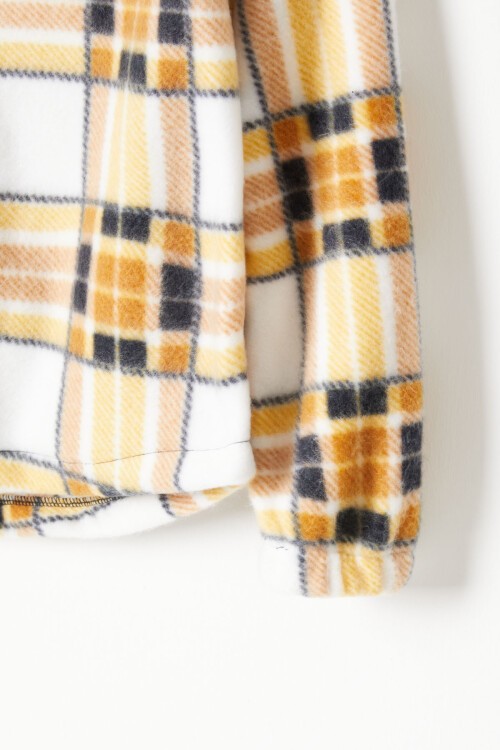 Sarı Kare Desenli Kapüşonlu Çocuk Polar Hırka 16759