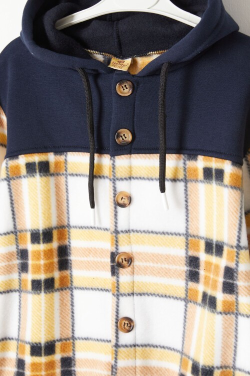 Sarı Kare Desenli Kapüşonlu Çocuk Polar Hırka 16759