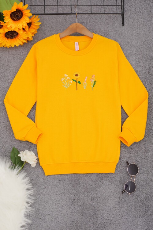 Sarı Papatya Nakışlı Kız Çocuk Kız Çocuk Sweatshirt 17207