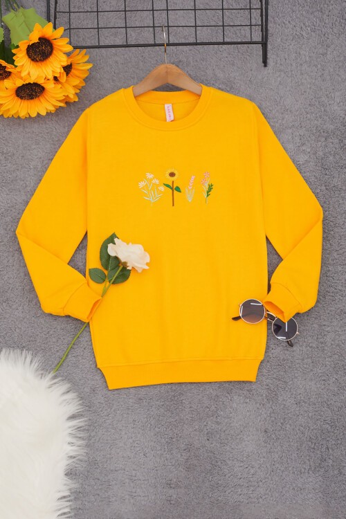 Sarı Papatya Nakışlı Kız Çocuk Kız Çocuk Sweatshirt 17207