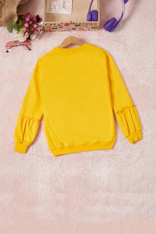 Sarı Renkli Kalp Desenli Payetli Kız Çocuk Sweatshirt 16696