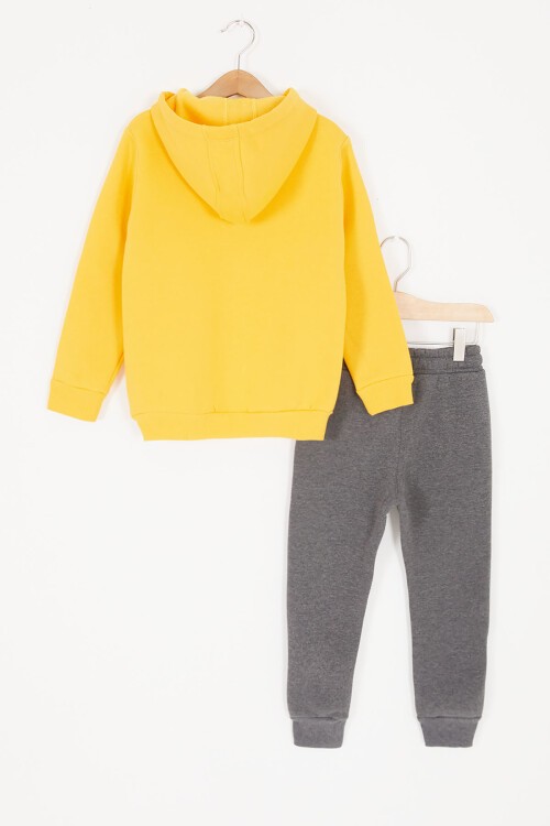 Sarı Şerit Yazılı Kapüşonlu Erkek Çocuk Şardonlu Eşofman Takımı 16972