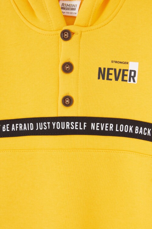 Sarı Şerit Yazılı Kapüşonlu Erkek Çocuk Şardonlu Eşofman Takımı 16972