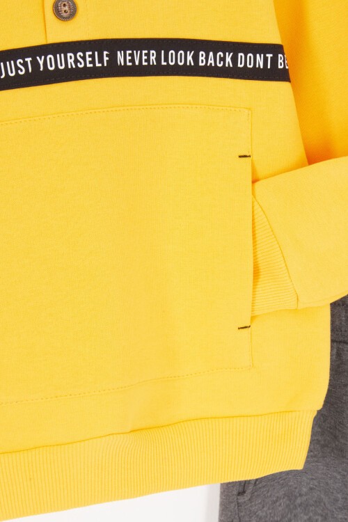 Sarı Şerit Yazılı Kapüşonlu Erkek Çocuk Şardonlu Eşofman Takımı 16972