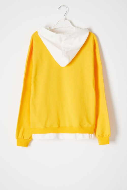 Sarı Simple Yazı Baskı Kapüşonlu Kız Sweatshirt 16601