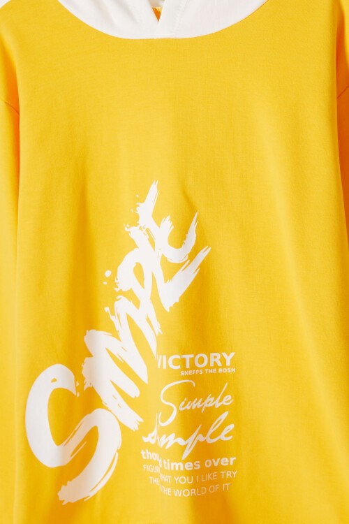 Sarı Simple Yazı Baskı Kapüşonlu Kız Sweatshirt 16601