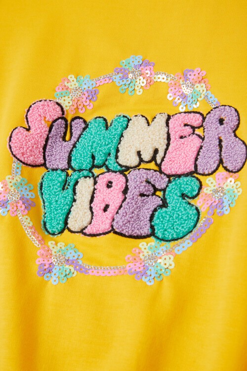 Sarı Summer Yazı Nakışlı Kız Çocuk Sweatshirt 16582