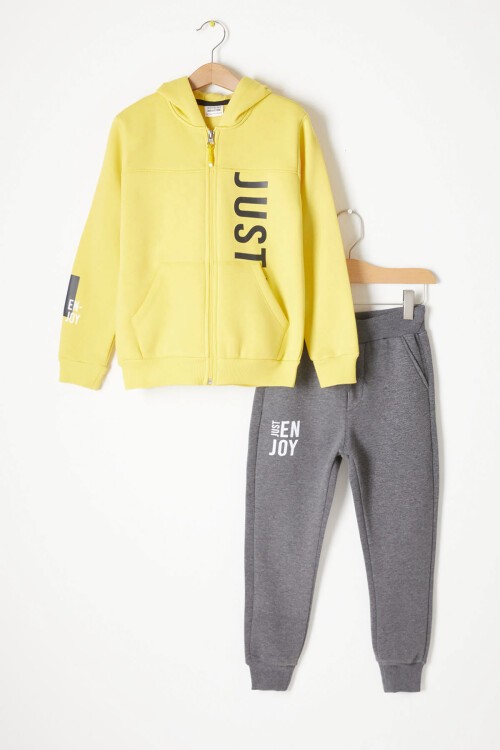 Sarı Yazı Baskılı Kapşonlu Hırkalı Erkek Çocuk Eşofman Takımı 16750