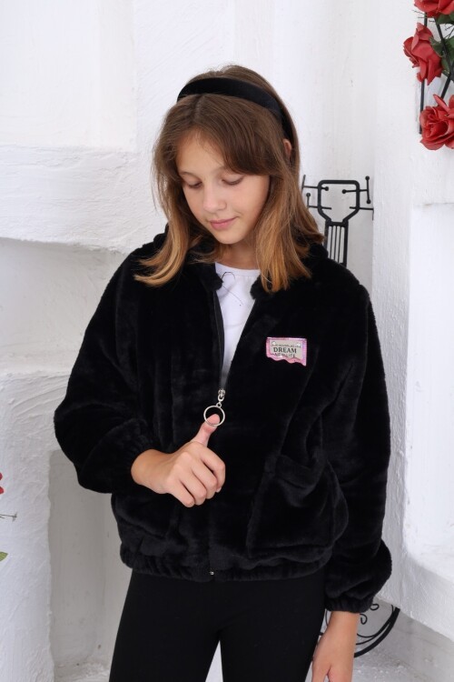 Siyah Armalı Kapüşonlu Kız Peluş Mont 16776