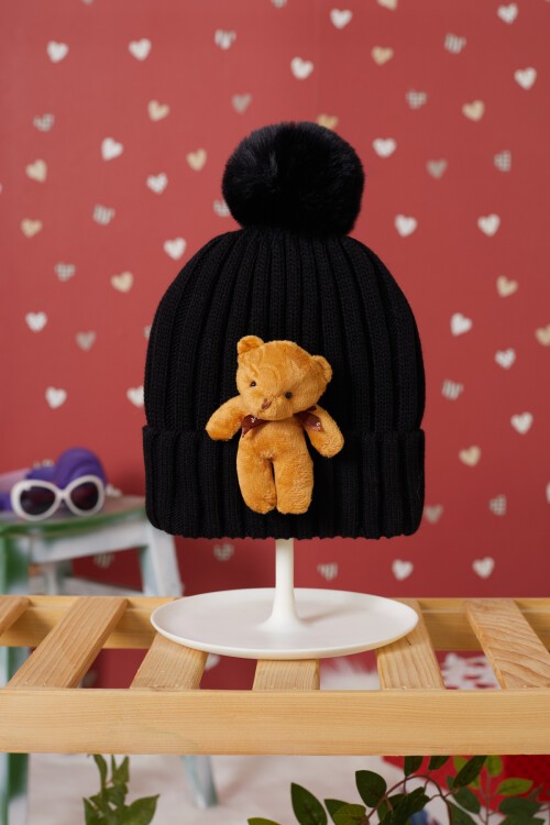 Siyah Ayıcık Detaylı Ponponlu Çocuk Bere 17224