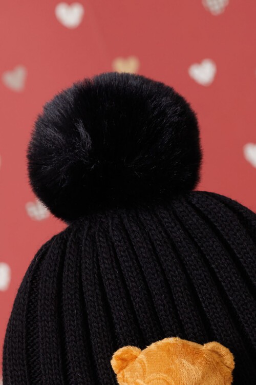 Siyah Ayıcık Detaylı Ponponlu Çocuk Bere 17224