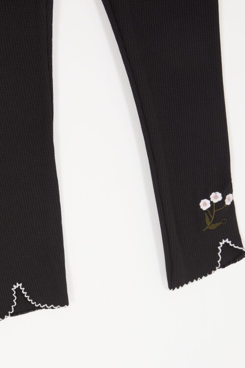 Siyah Çiçek Nakışlı Fitilli Kız Çocuk Tayt 16989