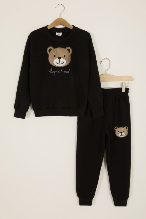 Siyah Erkek Çocuk Sevimli Ayıcık Temalı Şardonlu 3 İplik 2li Takım