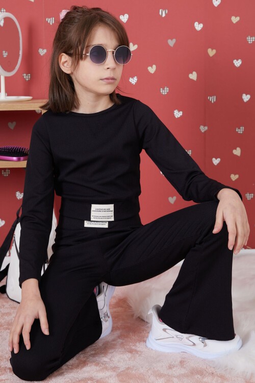 Siyah Fitilli İspanyol Paça Kız Çocuk Crop Takım 17261