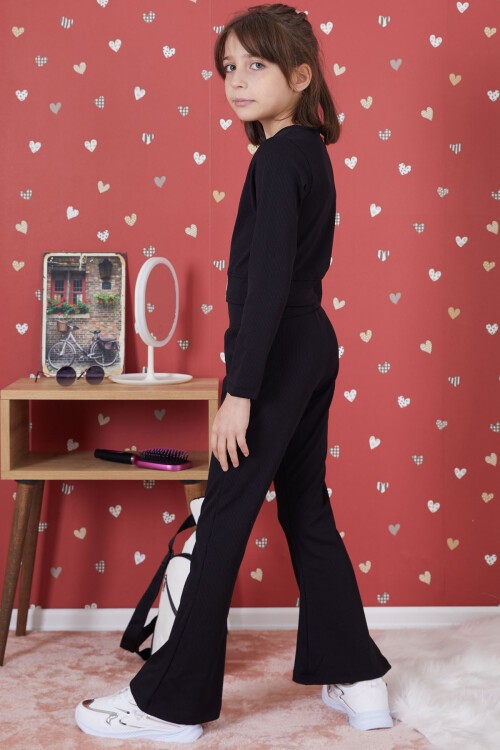 Siyah Fitilli İspanyol Paça Kız Çocuk Crop Takım 17261
