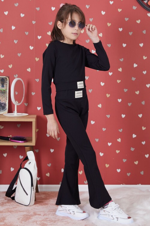 Siyah Fitilli İspanyol Paça Kız Çocuk Crop Takım 17261