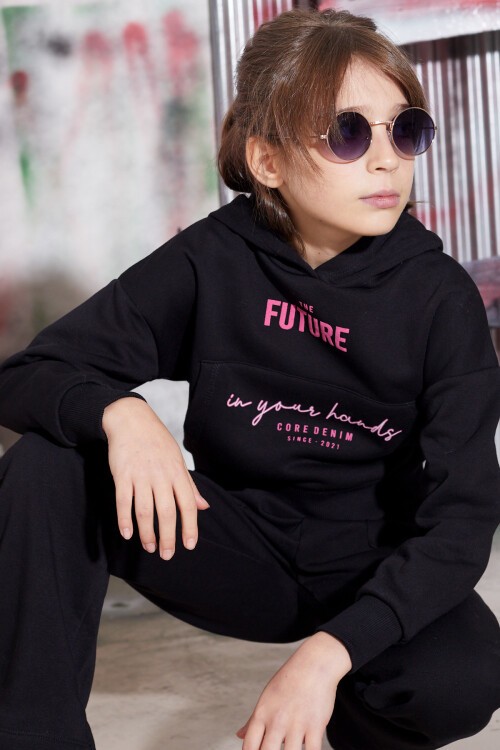 Siyah Future Yazılı Sırtı Baskılı Polarlı Kız Kapşonlu Eşofman Takımı 16773