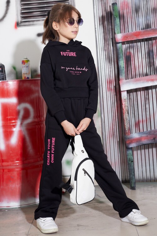 Siyah Future Yazılı Sırtı Baskılı Polarlı Kız Kapşonlu Eşofman Takımı 16773