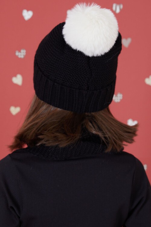 Siyah Gülenyüz Nakışlı Ponponlu Kız Çocuk Atkı Bere Seti 17303