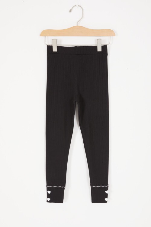 Siyah Kalp Düğmeli Fitilli Kız Çocuk Tayt 16890