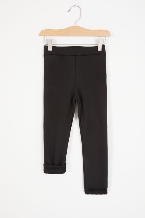 Siyah Kalp Nakışlı İçi Peluş Kız Çocuk Tayt 17090