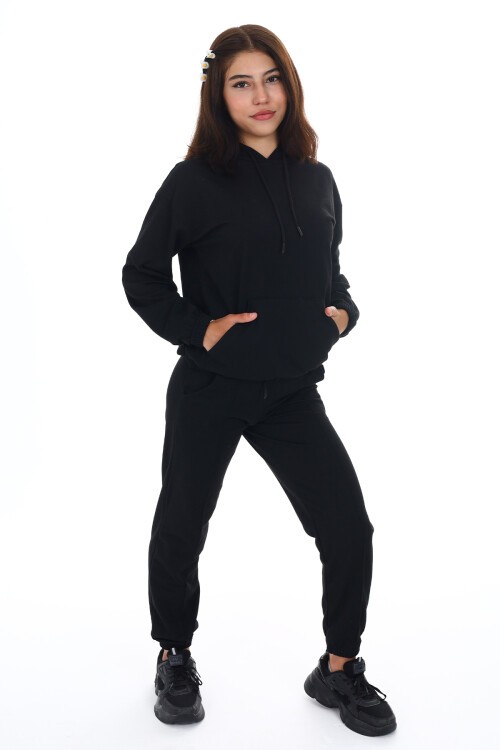 Siyah Kanguru Cepli Kapşonlu Kız Çocuk Eşofman Takımı 16844