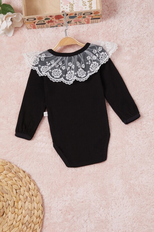 Siyah Kız Bebek Dantel Yakalı Uzun Kol Çıtçıtlı Badi 16838