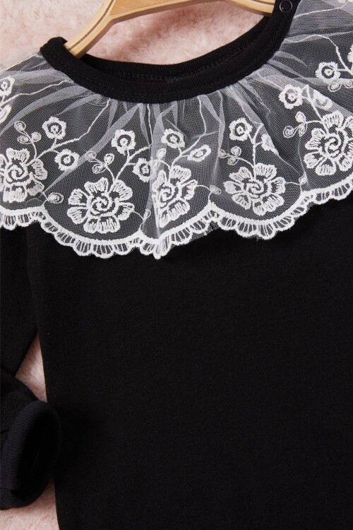 Siyah Kız Bebek Dantel Yakalı Uzun Kol Çıtçıtlı Badi 16838