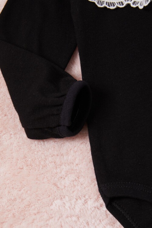 Siyah Kız Bebek Dantel Yakalı Uzun Kol Çıtçıtlı Badi 16838