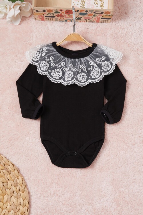 Siyah Kız Bebek Dantel Yakalı Uzun Kol Çıtçıtlı Badi 16838