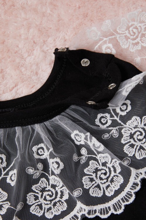 Siyah Kız Bebek Dantel Yakalı Uzun Kol Çıtçıtlı Badi 16838
