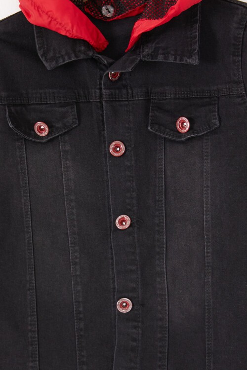 Siyah Kolları Yazılı Kapüşonlu Erkek Çocuk Jean Ceket 16813