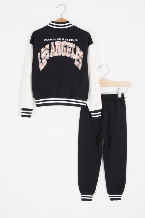 Siyah NY Nakışlı Sırt Baskılı Kız Çocuk Kolej Eşofman Takımı 16934