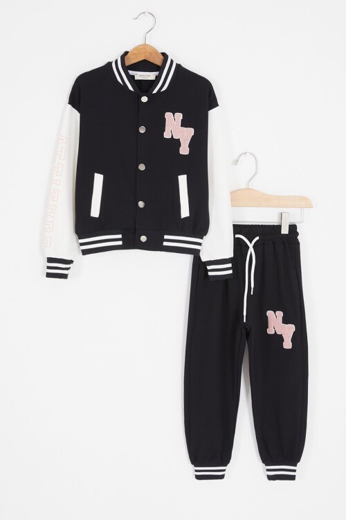 Siyah NY Nakışlı Sırt Baskılı Kız Kolej Eşofman Takımı 17005