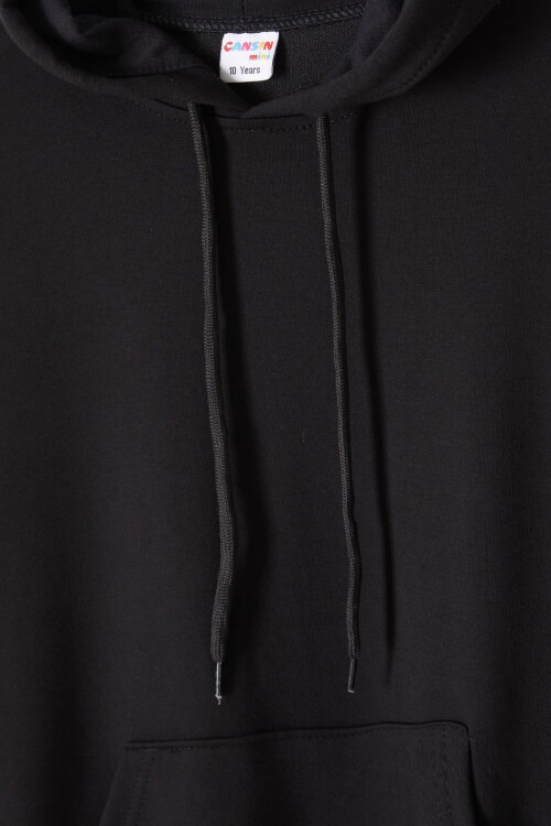 Siyah Polarlı Kanguru Cepli Çocuk Kapüşonlu Sweatshirt 17039