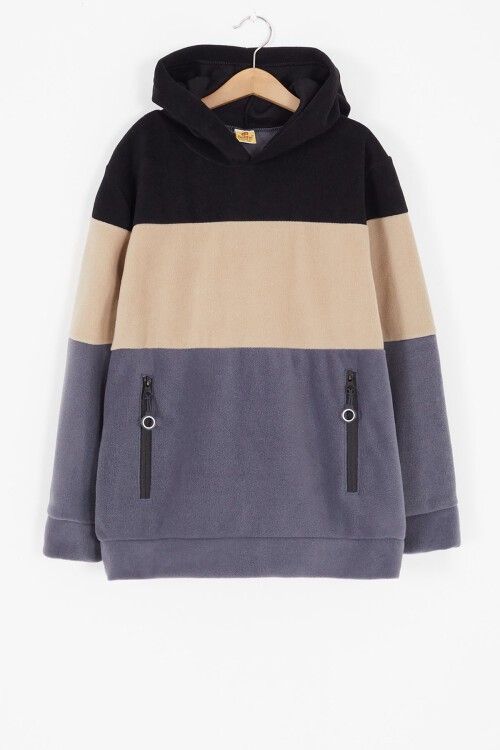 Siyah Renk Bloklu Polarlı Kapüşonlu Unisex Çocuk Sweatshirt 16907