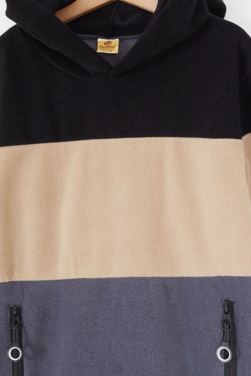 Siyah Renk Bloklu Polarlı Kapüşonlu Unisex Çocuk Sweatshirt 16907