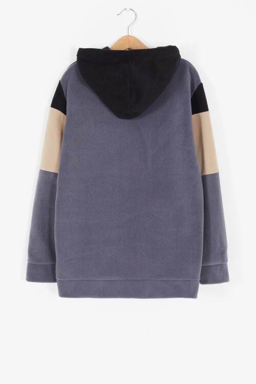 Siyah Renk Bloklu Polarlı Kapüşonlu Unisex Çocuk Sweatshirt 16907
