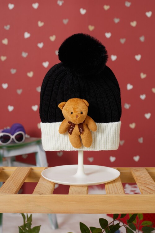 Siyah Sevimli Ayıcıklı Renkli Ponponlu Çocuk Bere 17235