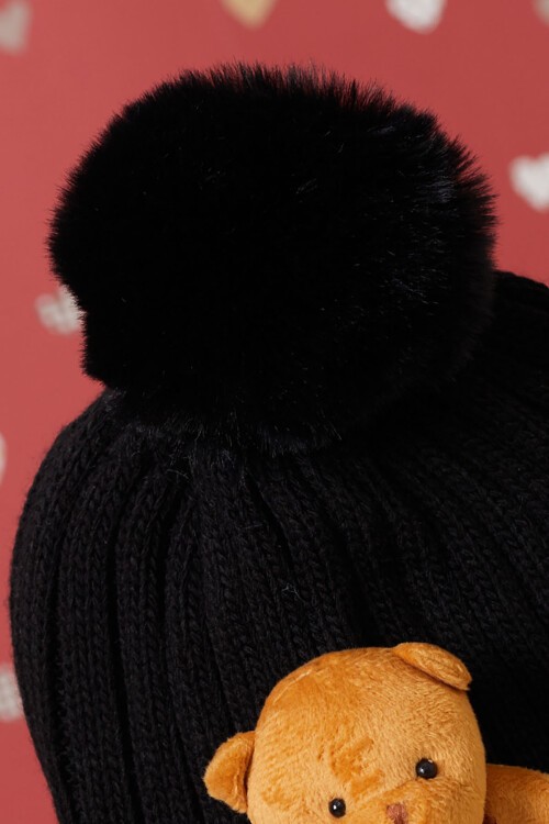 Siyah Sevimli Ayıcıklı Renkli Ponponlu Çocuk Bere 17235