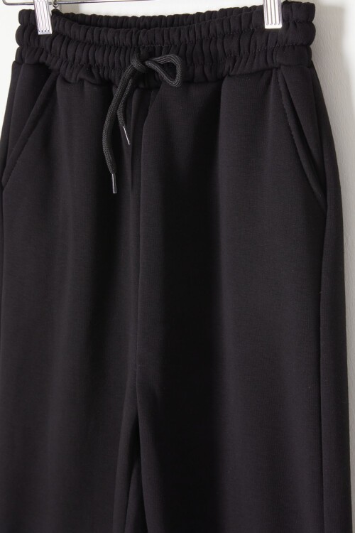 Siyah Üç İplik Şardonlu Beli Lastikli Çocuk Eşofman Altı 16760